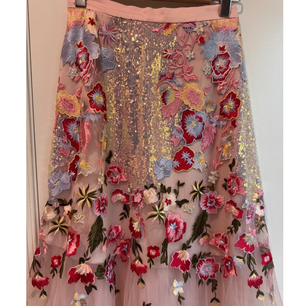 Eva Franco Pink Floral Embroidered Tulle Sequin Midi Skirt Womens Size 2 USA - Picture 8 of 8